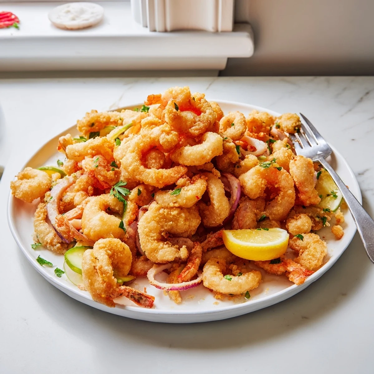 Platter of Crispy Shrimp Fritto Misto, golden crunch with lemon wedges  