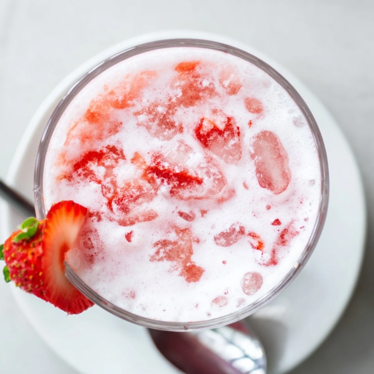 Strawberry Coconut Cooler Recipe frothy pink drink garnished with mint and strawberry  