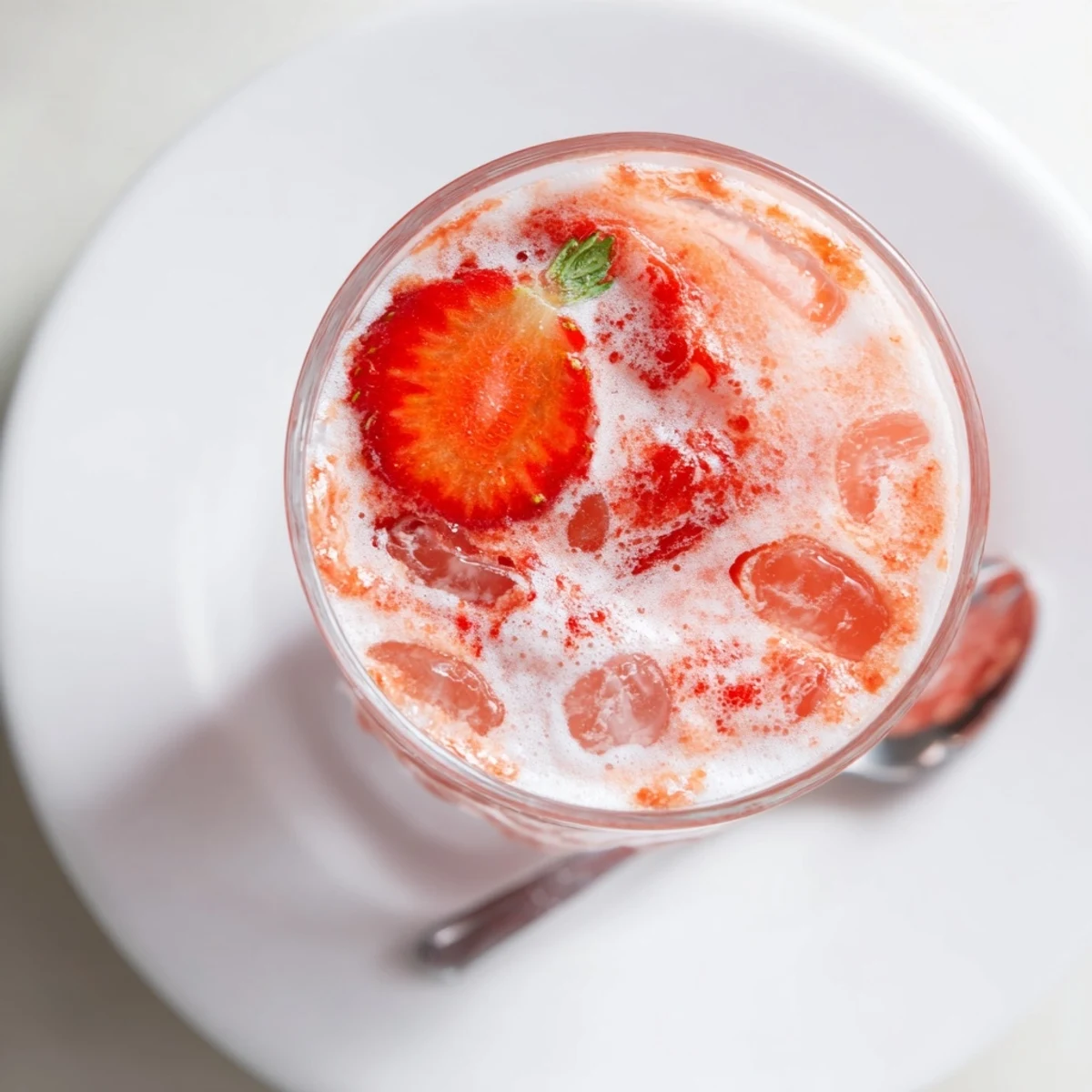 Glass of Strawberry Coconut Cooler Recipe served with lime wedge and crushed ice