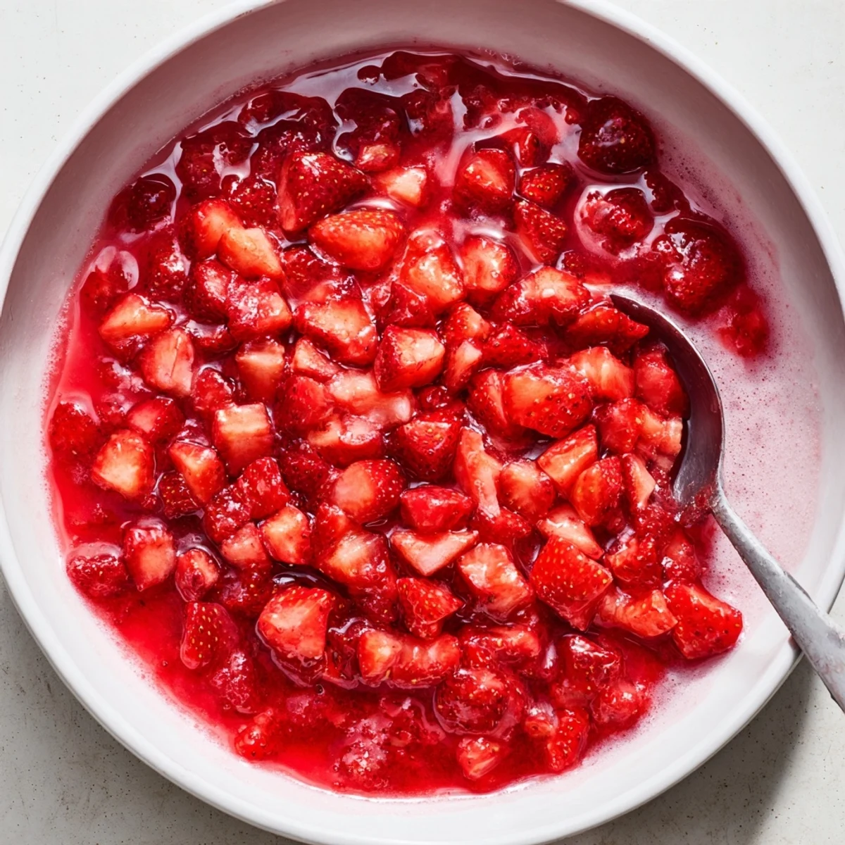 Strawberry Cake Filling Recipe glossy, warm spoonful layered between vanilla cake.