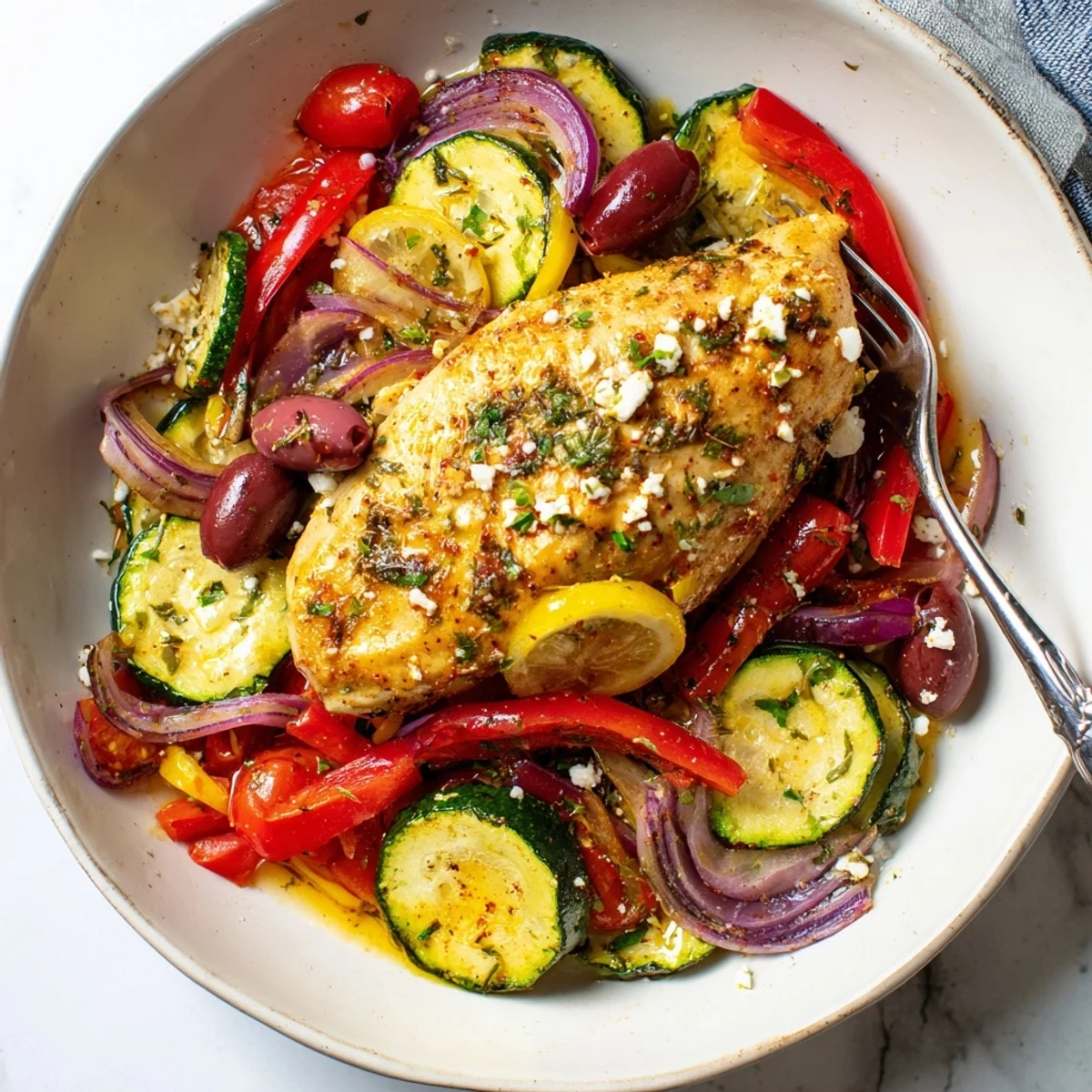 Sheet Pan Mediterranean Chicken Zucchini sizzling with roasted tomatoes, olives, and feta.