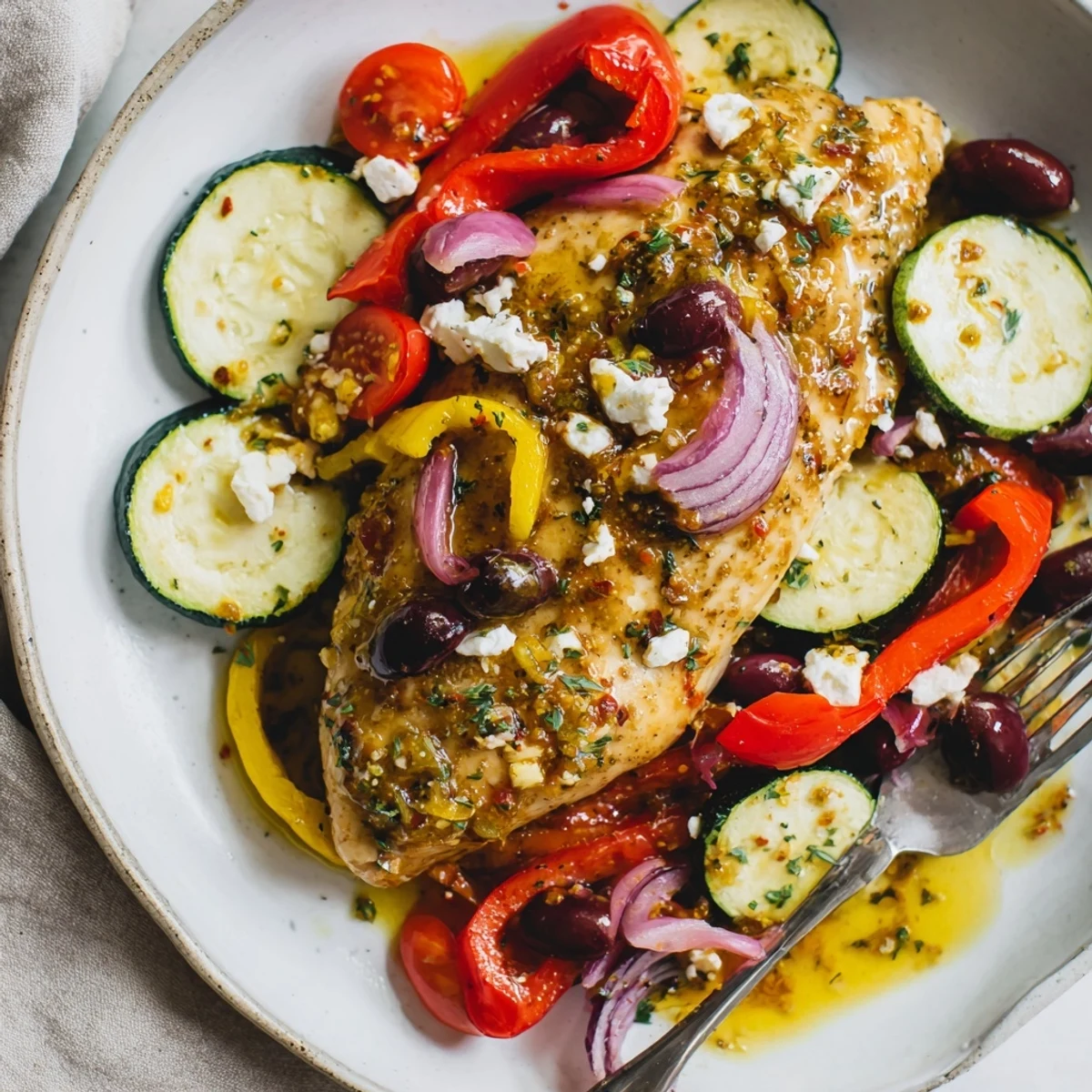 Juicy oven roasted vegetables and herbs surrounding the Sheet Pan Mediterranean Chicken Zucchini.