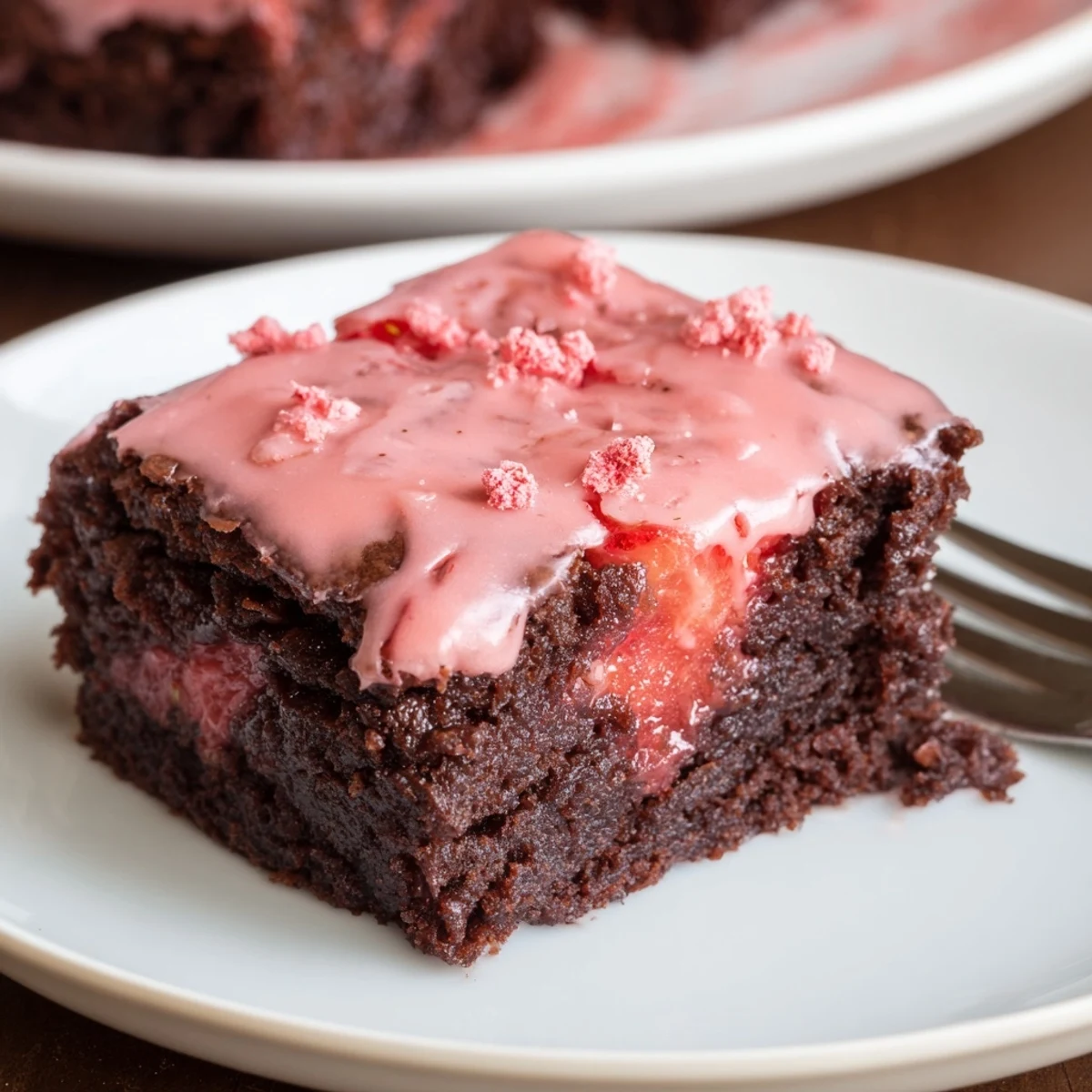 Warm Strawberry Brownies cooling in small baking pan, steam and berry aroma
