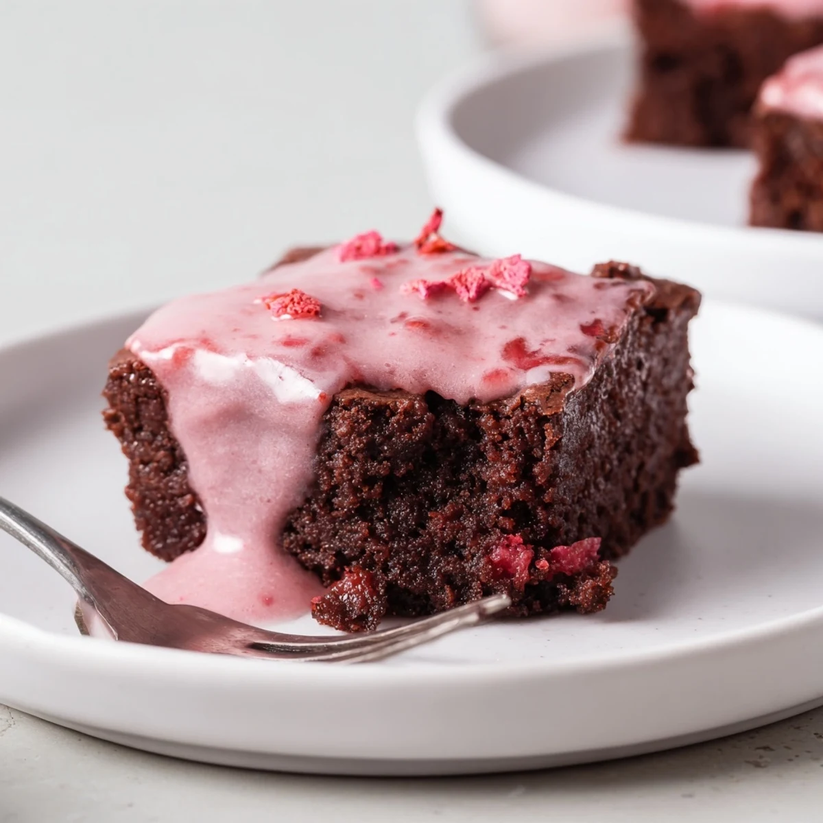 Strawberry Brownies with glossy pink glaze on parchment paper, fudgy center