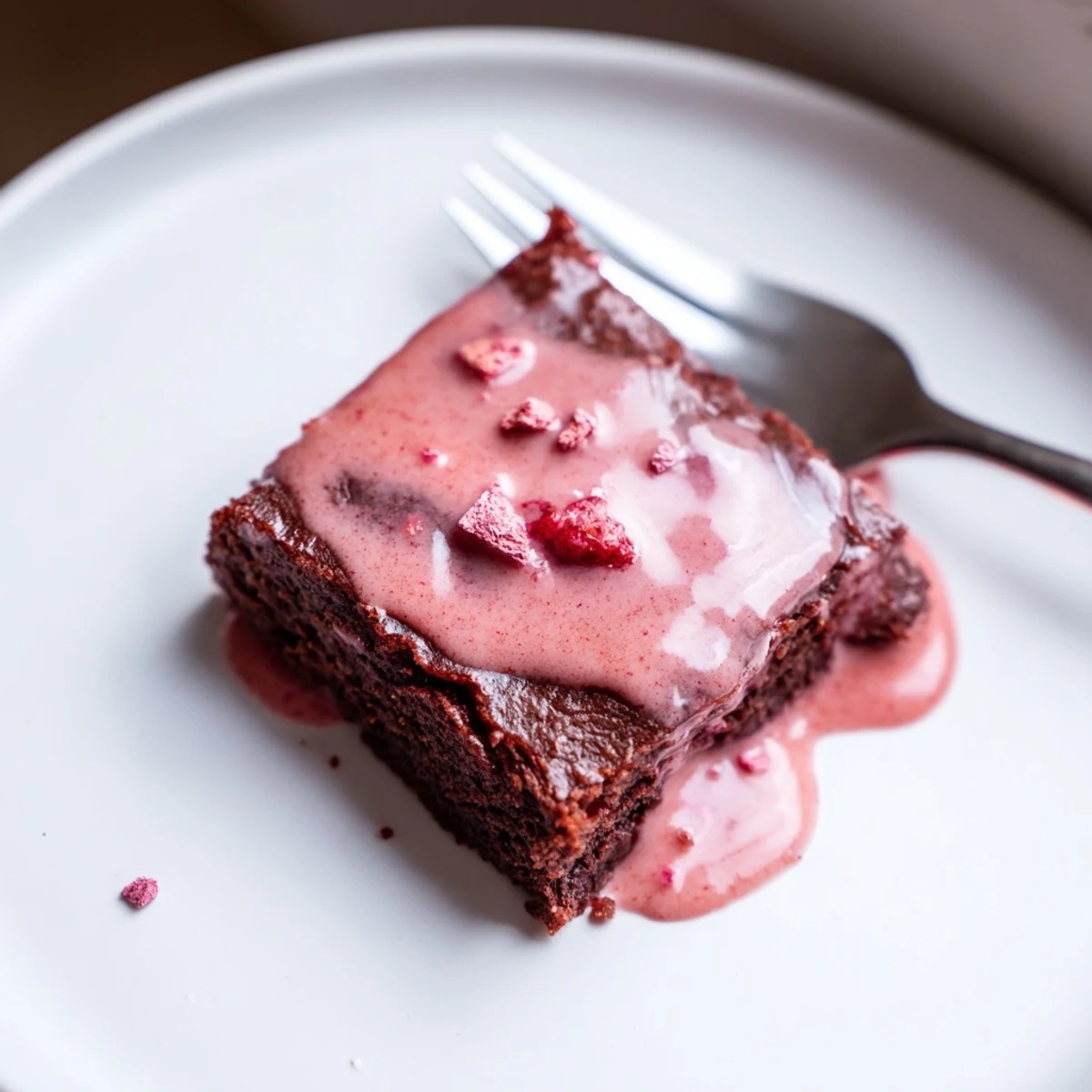 Single slice of Strawberry Brownies topped with whipped cream and fresh strawberries