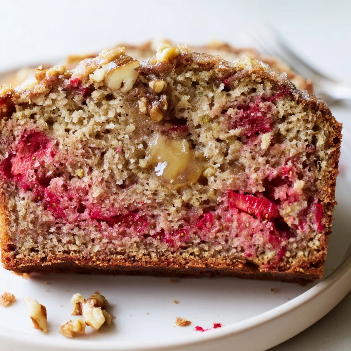 Warm Strawberry Banana Bread recipe sliced, bursting with soft fruity crumbs.