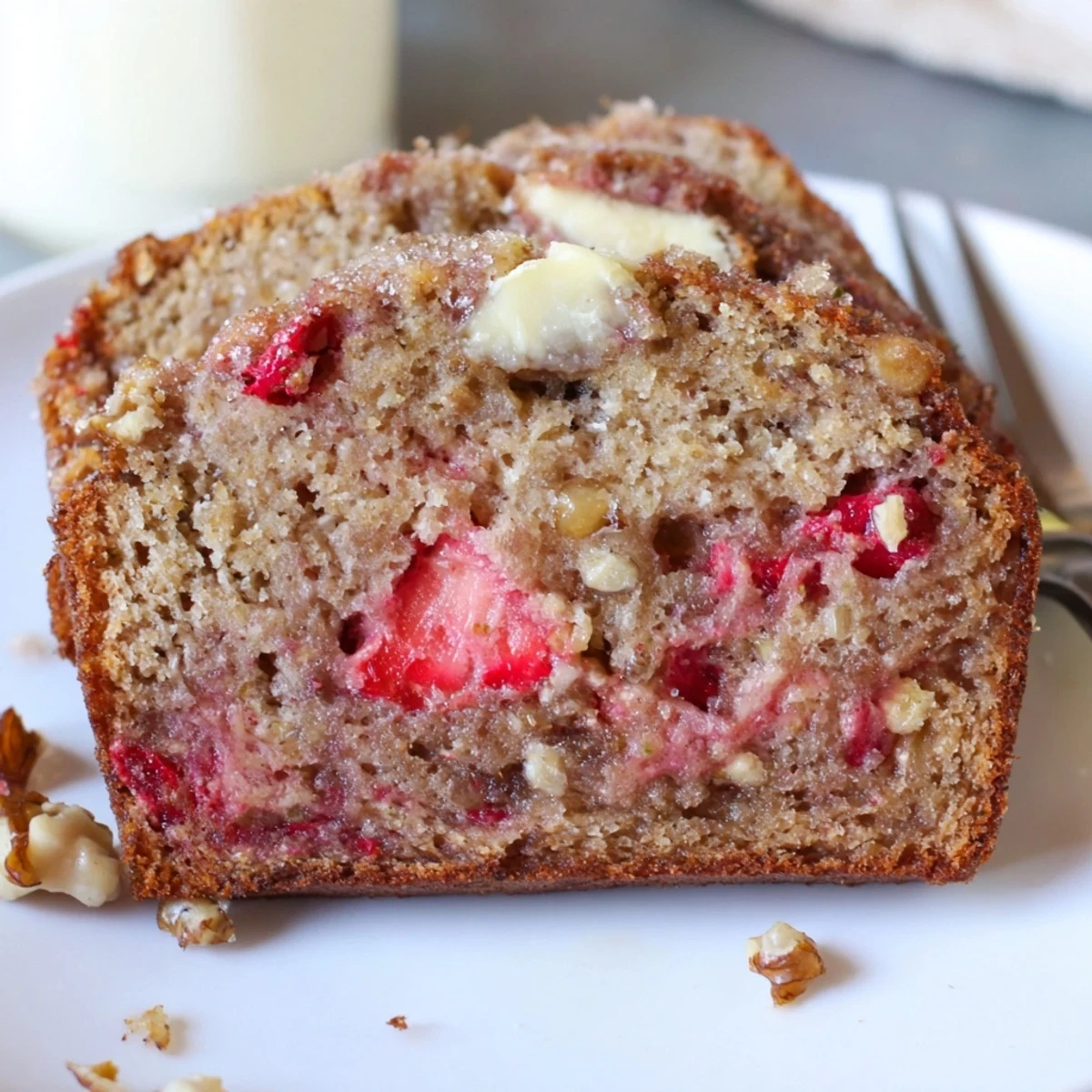 Fresh baked Strawberry Banana Bread recipe cooling on wire rack, butter melting.