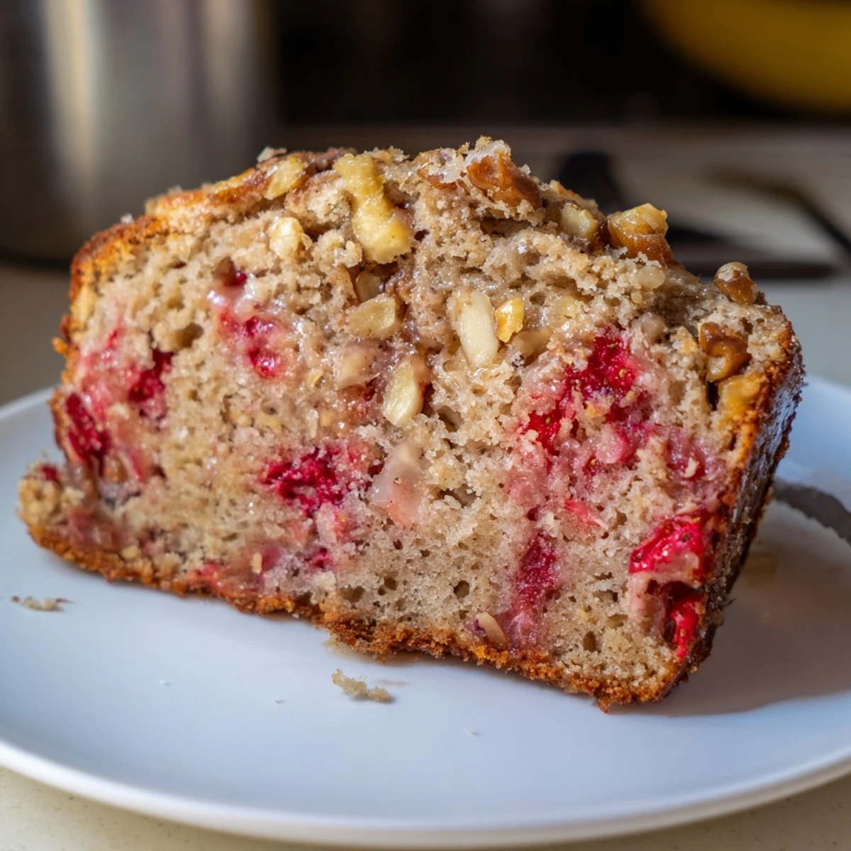 Moist Strawberry Banana Bread recipe studded with diced strawberries, ideal breakfast slices.