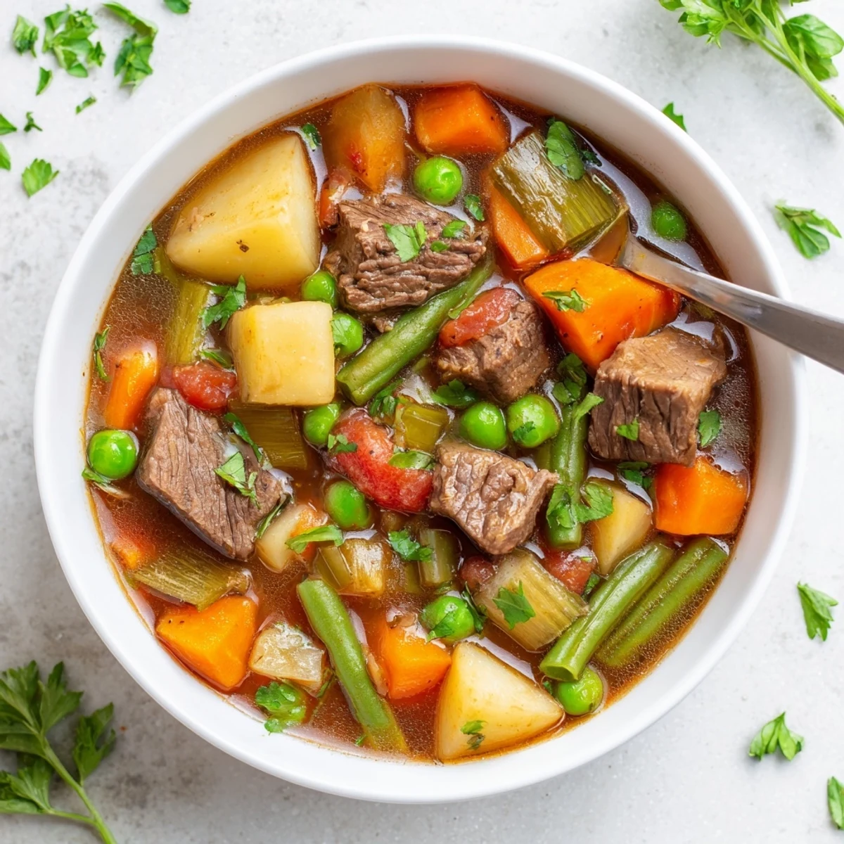 Golden bowl of braised vegetable beef soup garnished with fresh parsley and crusty bread