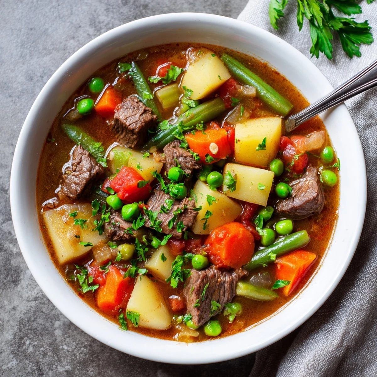 Steaming bowl of comforting braised vegetable beef soup served with rustic bread and fresh parsley garnish