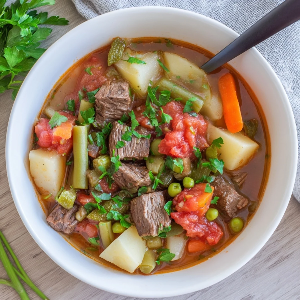 Rustic Dutch oven filled with hearty braised vegetable beef soup featuring tender beef chunks and colorful vegetables
