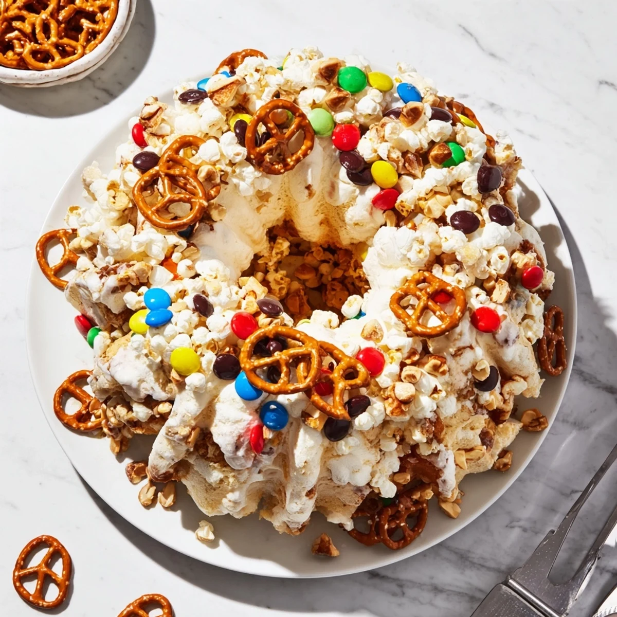 Colorful popcorn cake showing fluffy popcorn mixed with melted marshmallows and colorful candy pieces