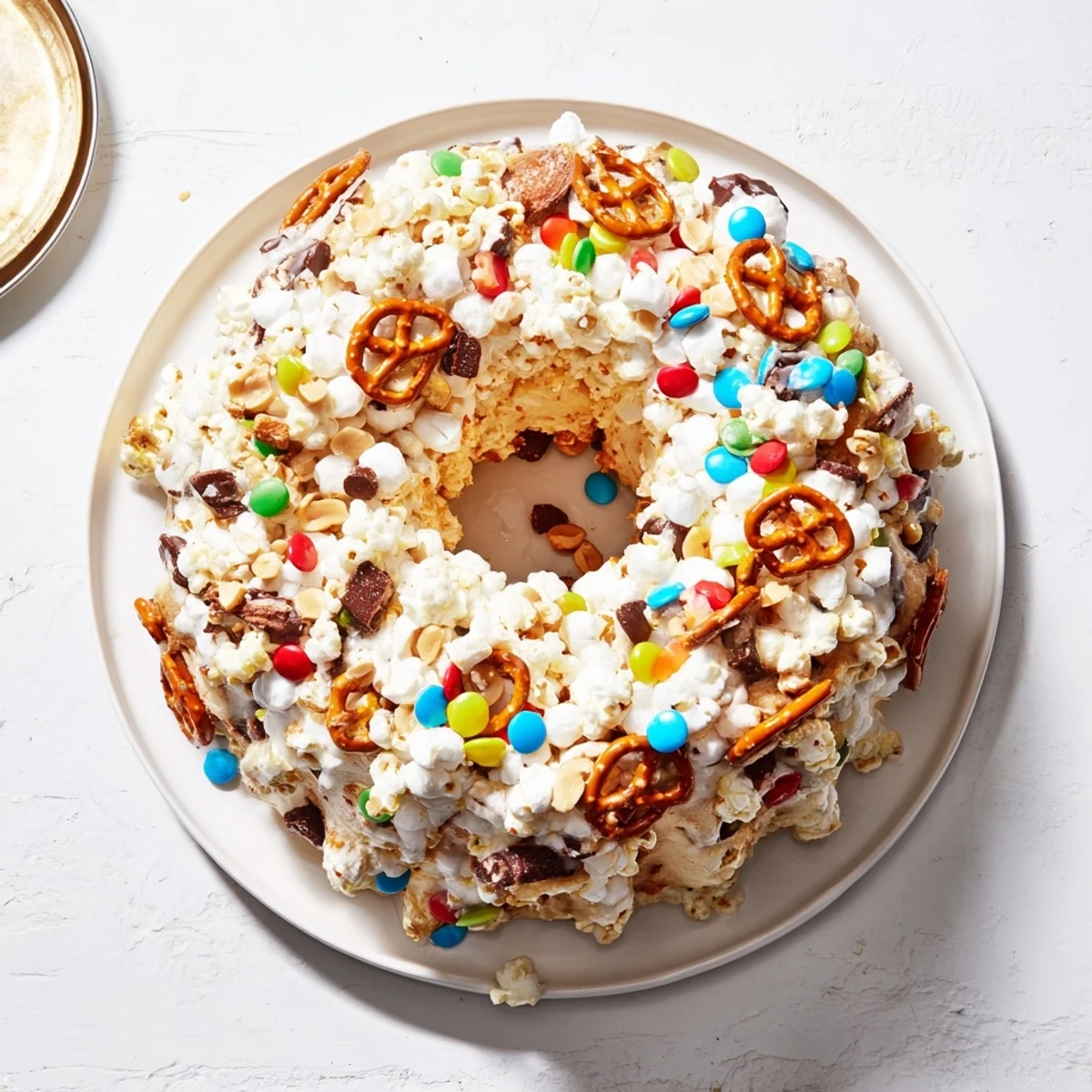 Bundt-shaped popcorn cake dessert topped with vibrant candy-coated chocolates and crunchy peanut sprinkles