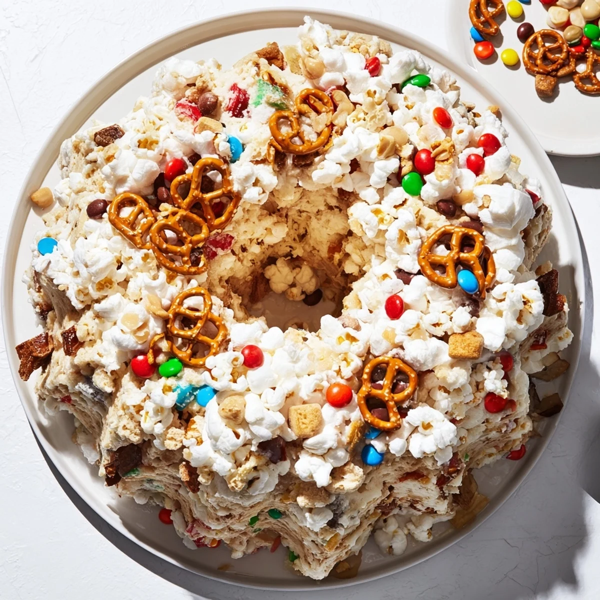 Slice of marshmallow popcorn cake revealing gooey texture with chocolate candies and salty pretzels