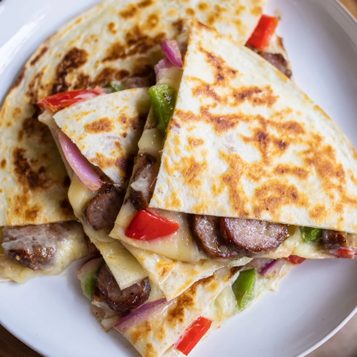 Sliced wedges of spicy Cajun beef sausage quesadillas showcasing colorful peppers and onions inside a toasted tortilla pocket