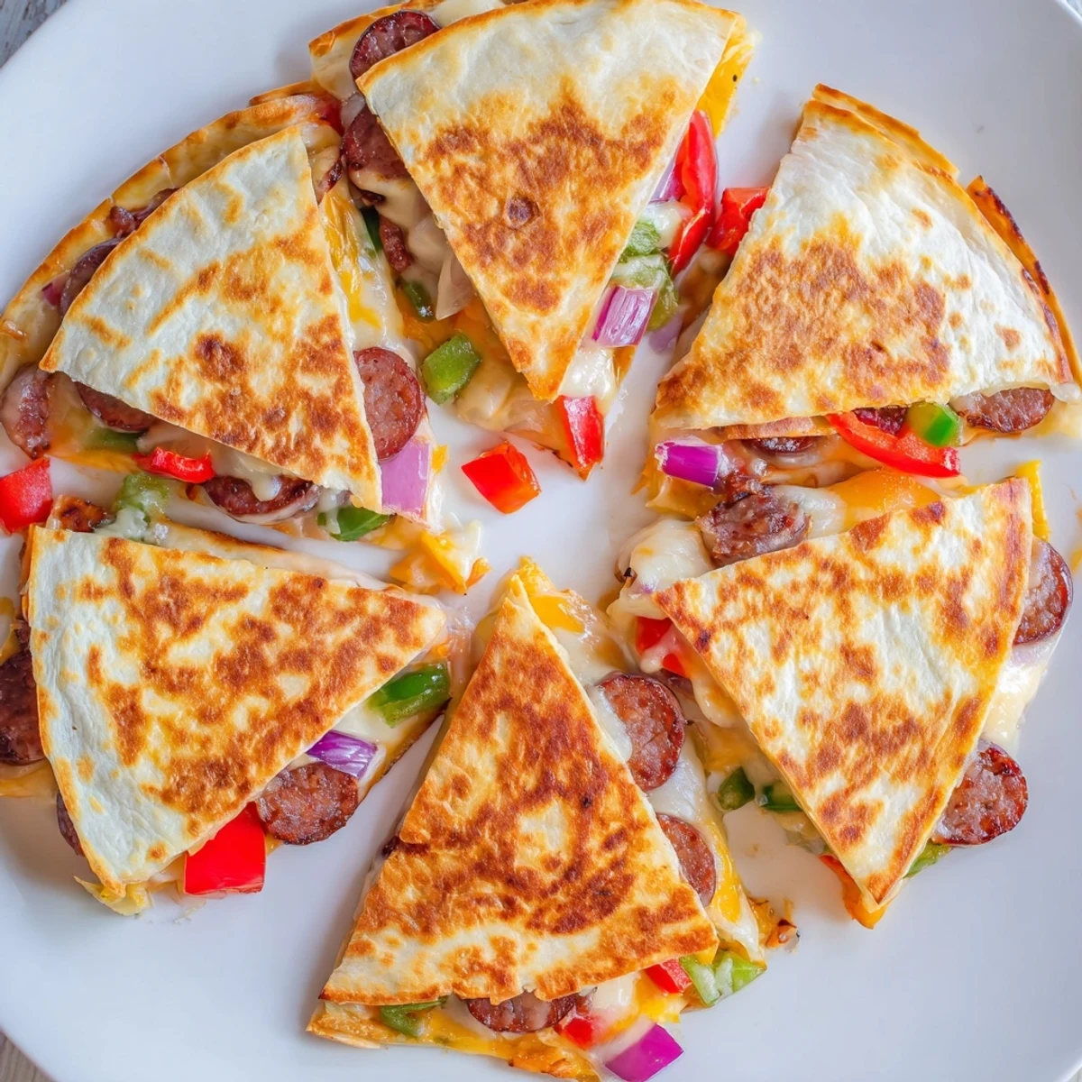 Golden brown Cajun beef sausage quesadillas with melted Monterey Jack and cheddar cheese oozing from crispy flour tortillas