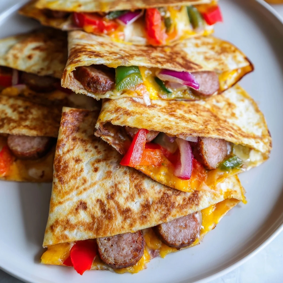 Crispy pan-fried Cajun beef sausage quesadillas filled with seasoned vegetables and gooey shredded cheese served hot