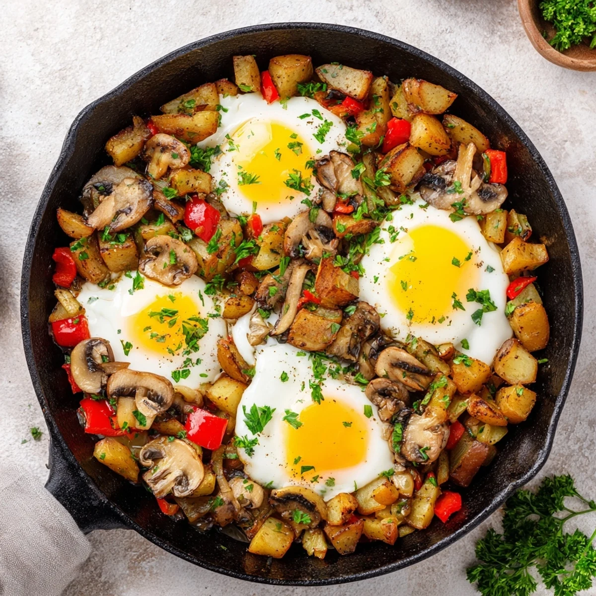 Hearty breakfast hash with eggs featuring crispy potatoes and colorful vegetables in a cast iron skillet