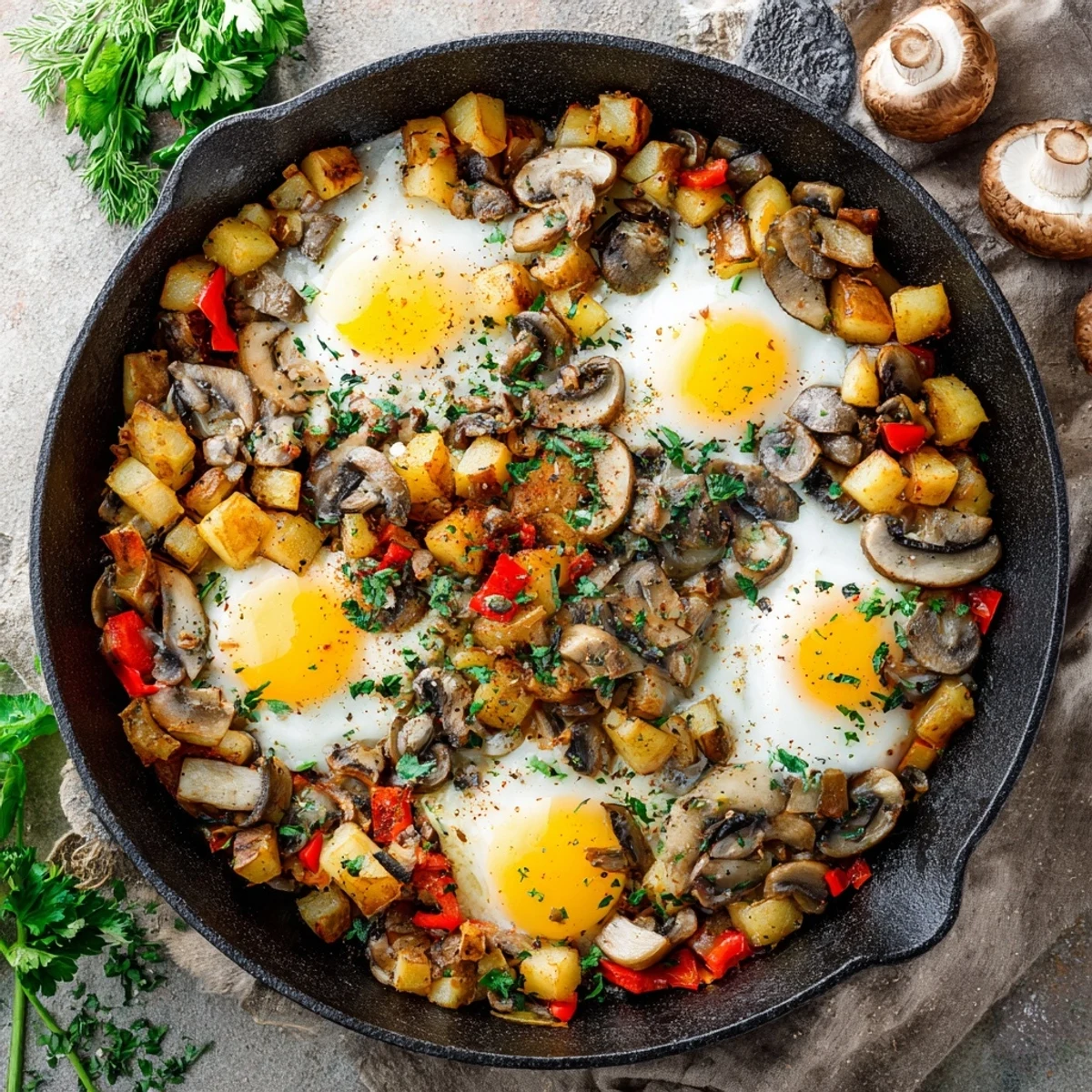 Golden breakfast hash with eggs layered with potatoes bell peppers and mushrooms in one pan