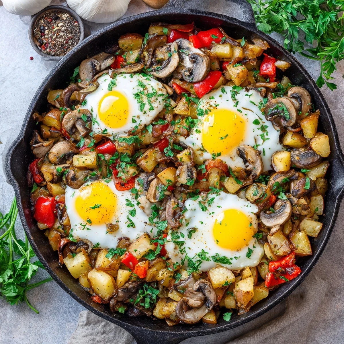 Sizzling skillet breakfast hash with eggs topped with fresh parsley and runny yolks