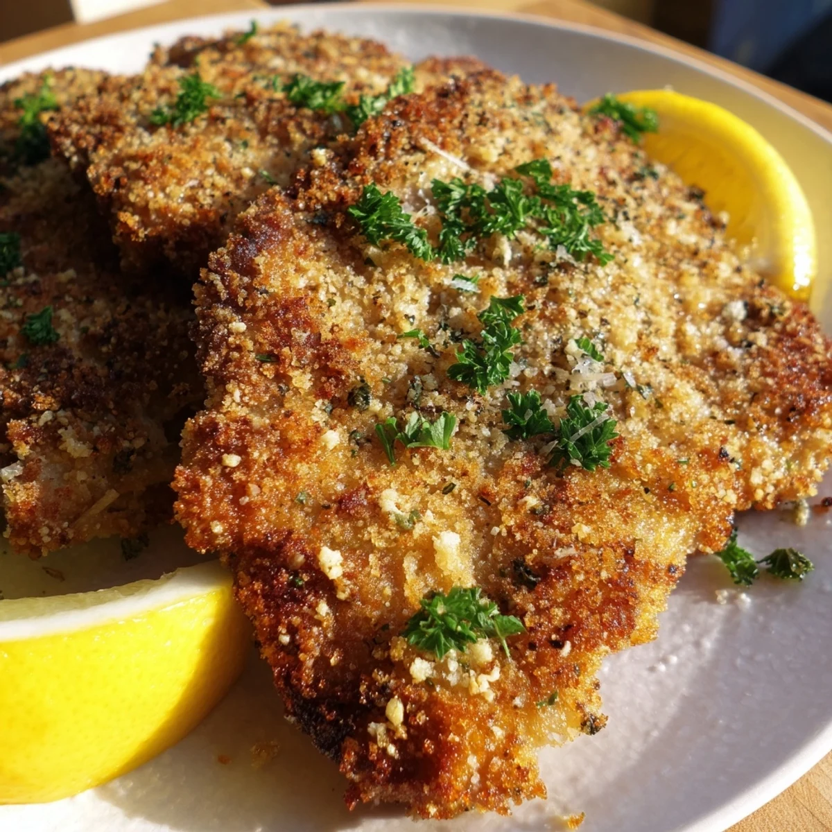 Golden crispy beef escalope Milanese served with fresh lemon wedges and chopped parsley garnish on white plate