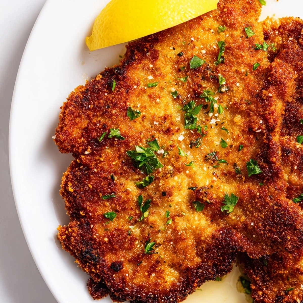 Italian-style breaded beef escalope Milanese plated with bright lemon slices and green parsley accents
