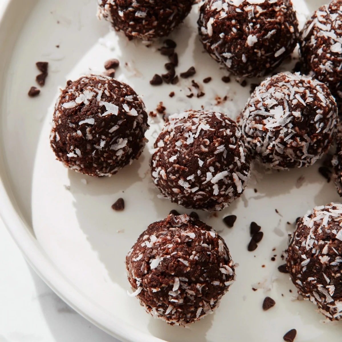Rich, fudgy no bake brownie bites rolled in coconut and chocolate chips