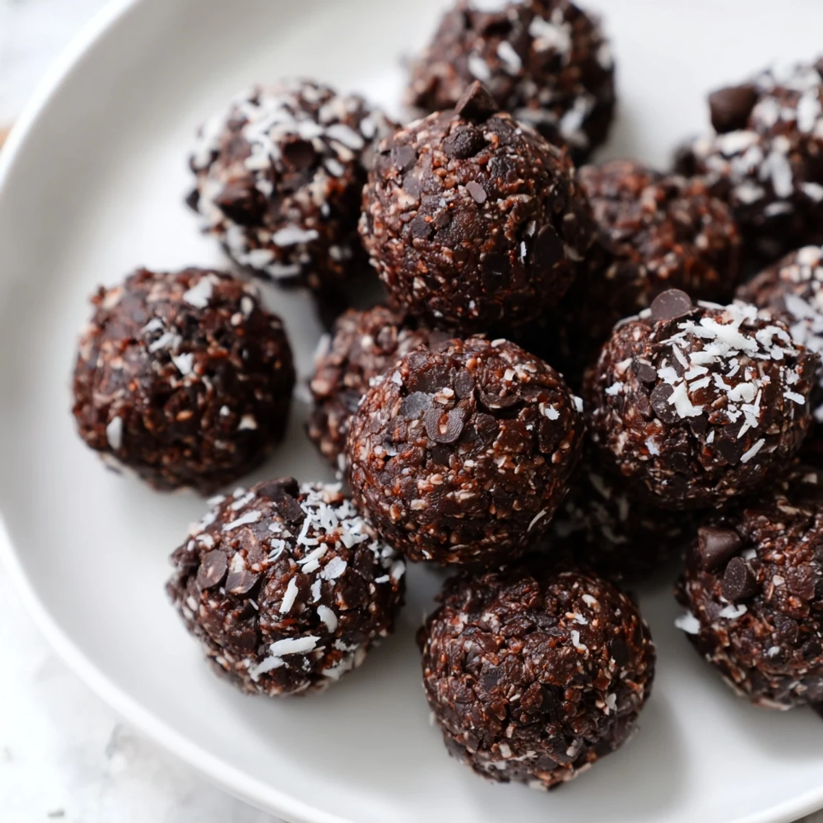 Dark chocolate no bake brownie bites topped with chopped walnuts for crunch
