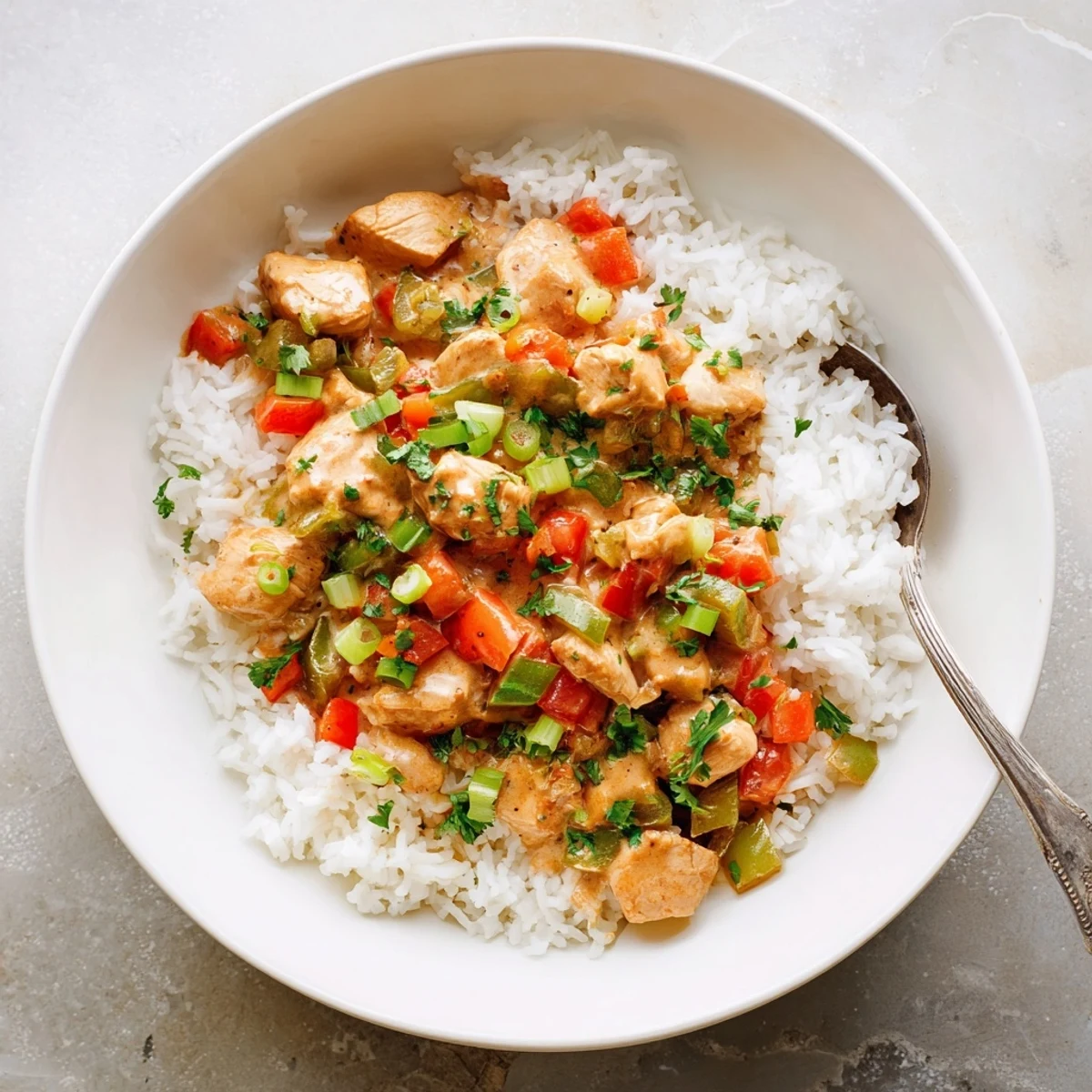 Golden chicken pieces swim in spicy cream sauce over fluffy white rice in a deep bowl.