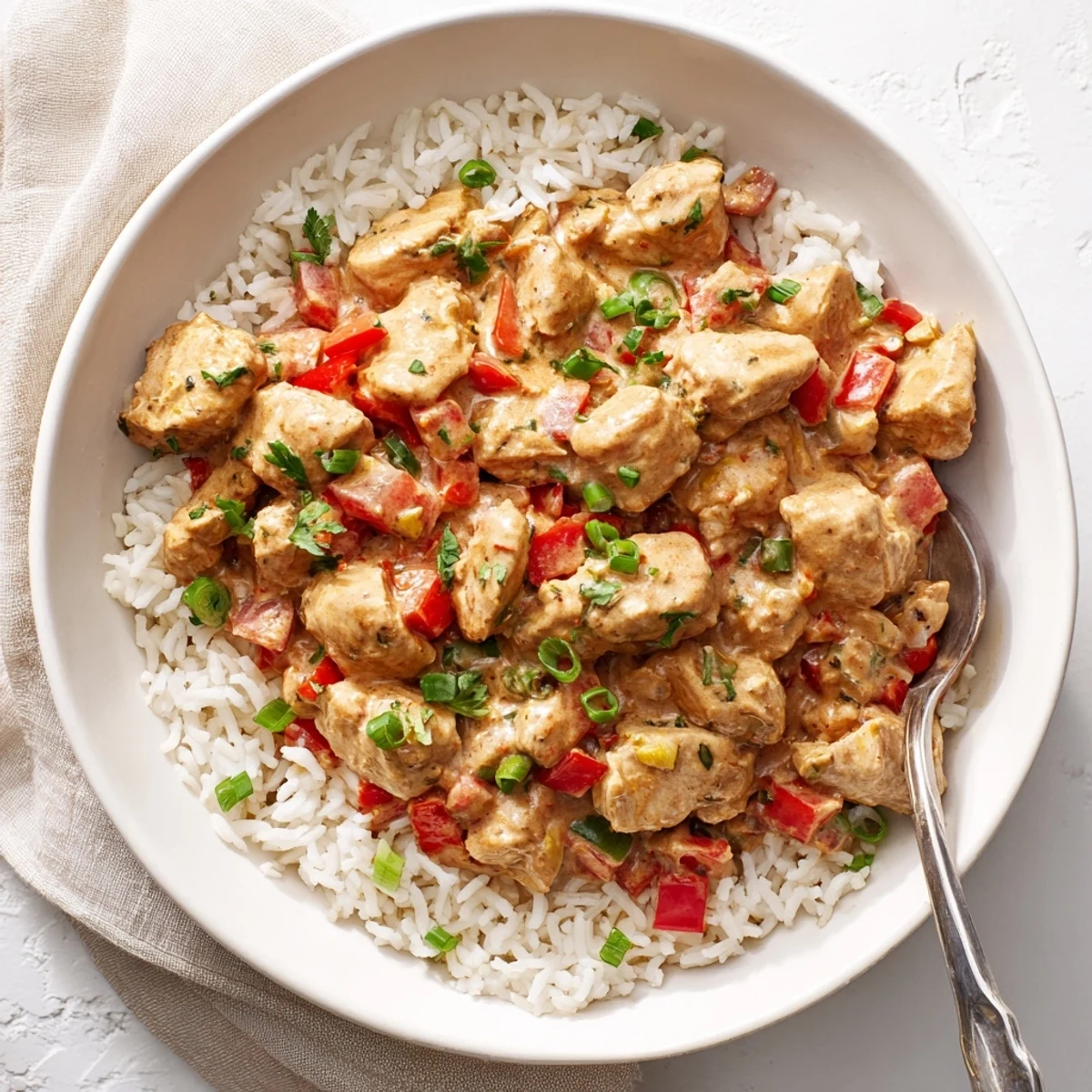 Vibrant red and green bell peppers mingle with seasoned chicken in a rich Cajun cream sauce.