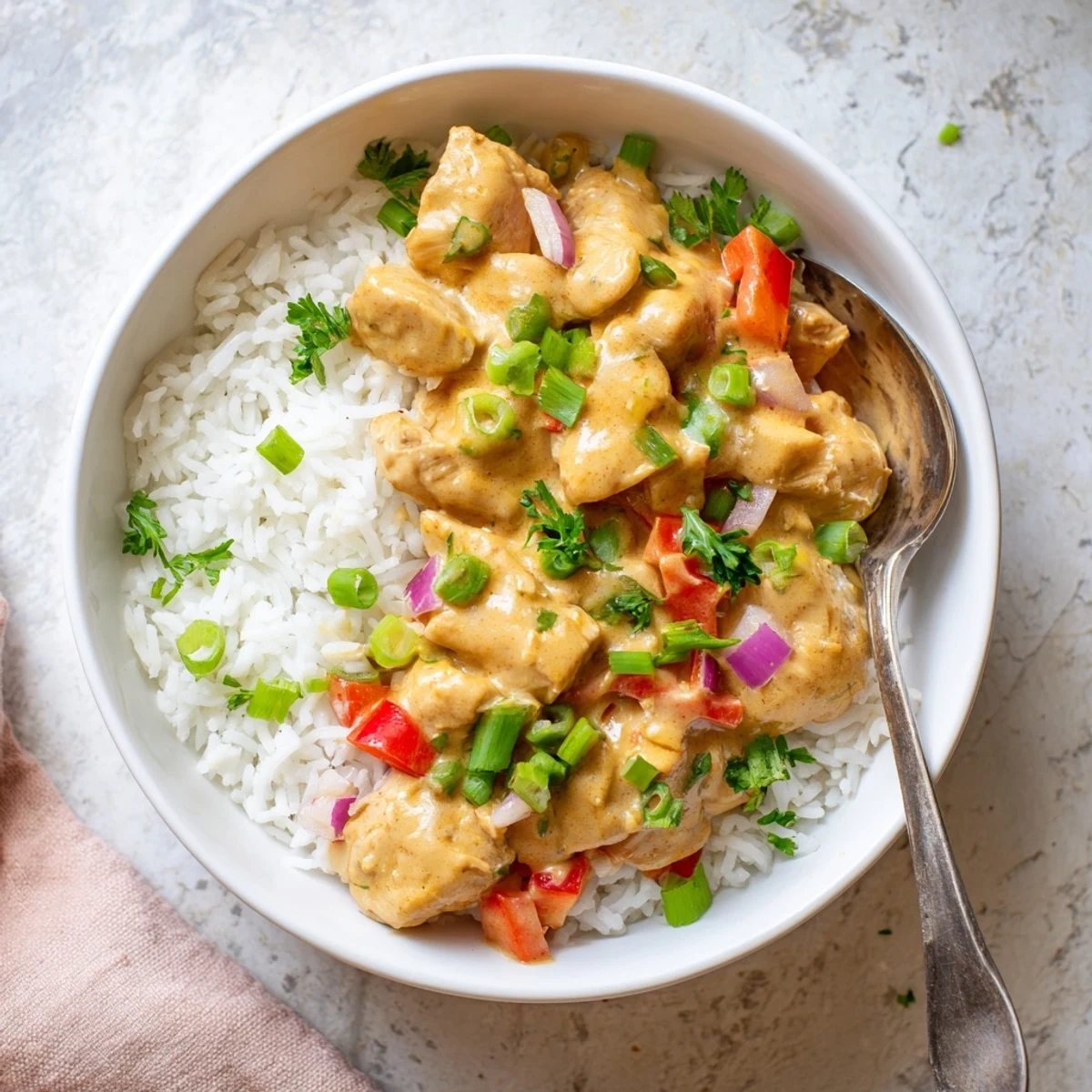 Savory chicken and colorful vegetables top a bed of steaming rice with fresh green onion garnish.
