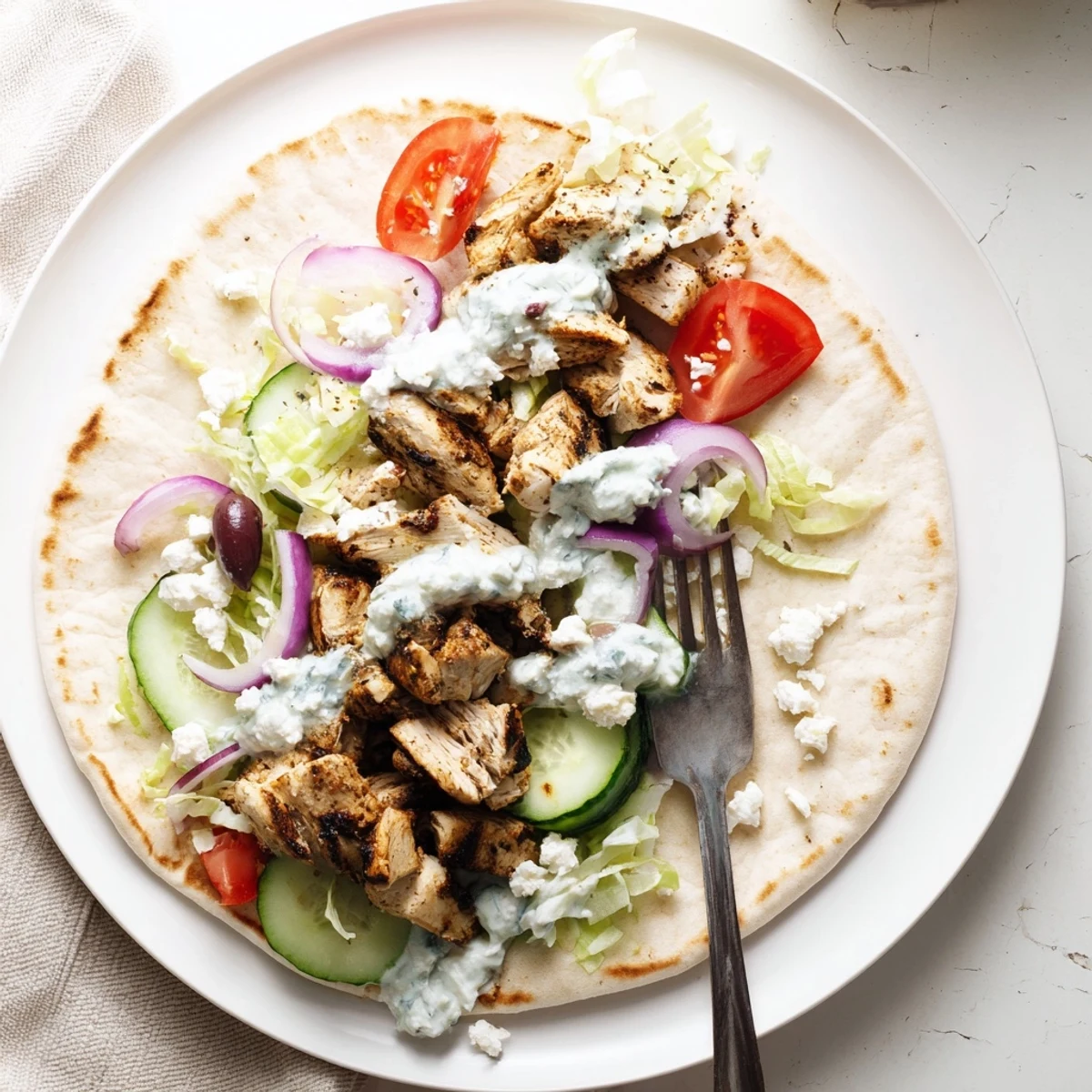 Golden Greek grilled chicken pita wrapped with crisp vegetables and creamy tzatziki sauce