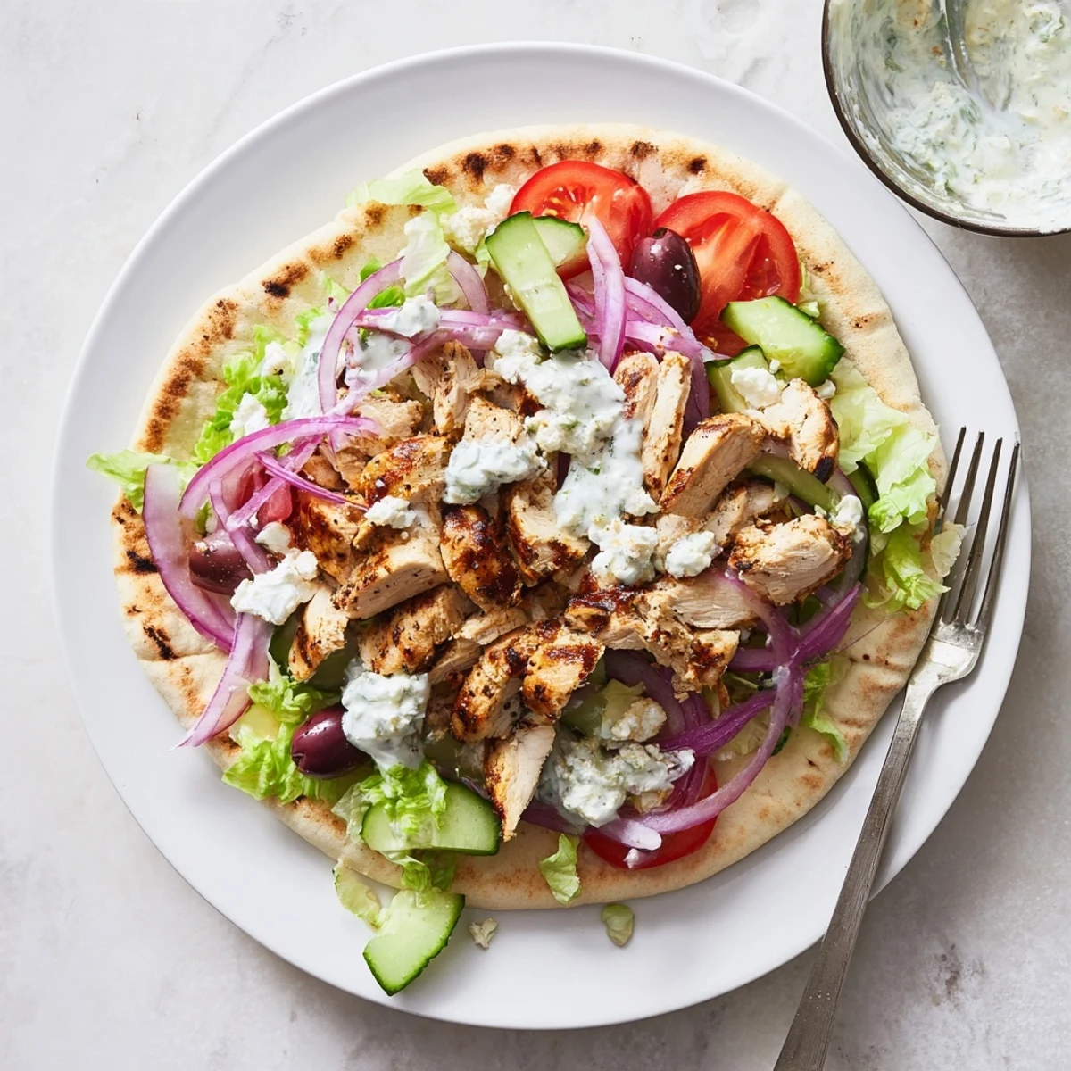 Mediterranean-style Greek grilled chicken pita served warm with fresh toppings and tangy yogurt dip
