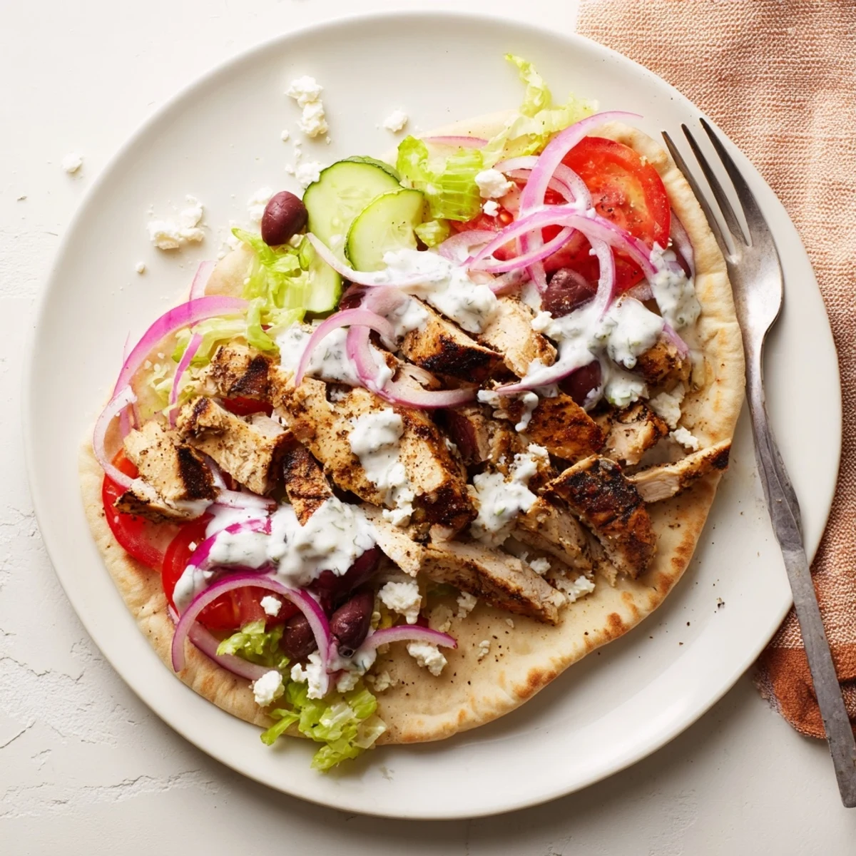 Homemade Greek grilled chicken pita featuring juicy marinated meat, crunchy veggies, and rich tzatziki