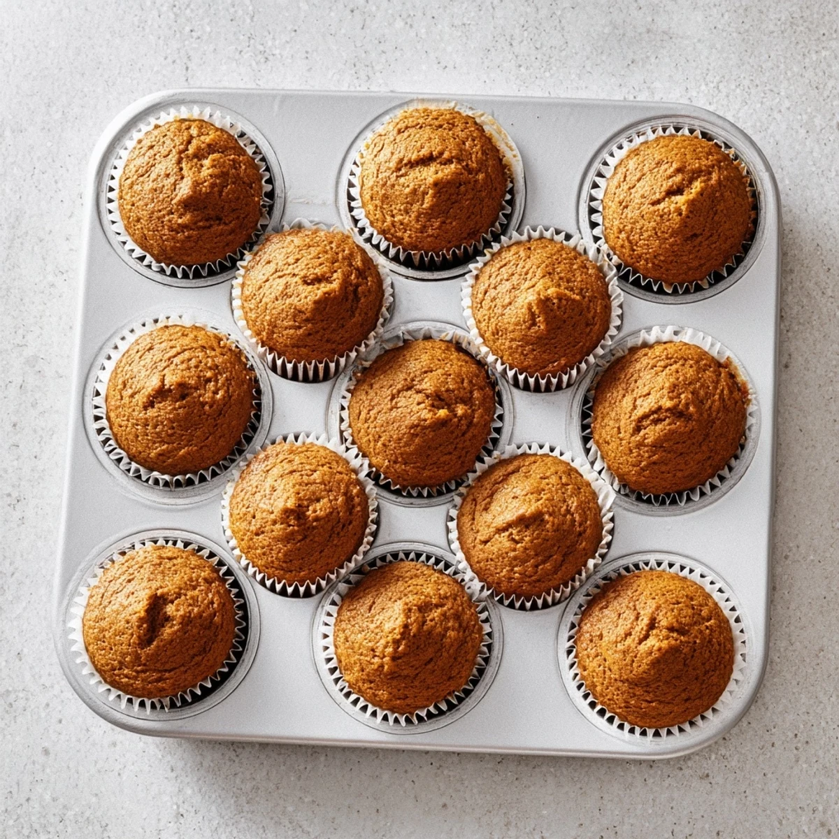 Moist pumpkin banana muffins fresh from the oven on a wooden cutting board