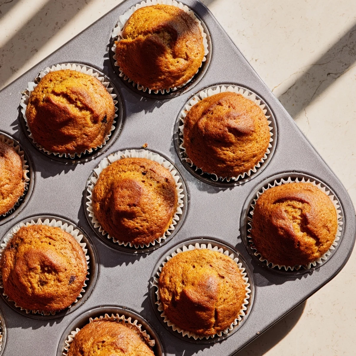 Batch of spiced pumpkin banana muffins cooling on a wire rack with autumn leaves