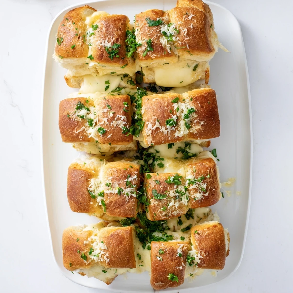 Golden brown mini grilled cheese Hawaiian rolls with melted cheddar and mozzarella cheese layers