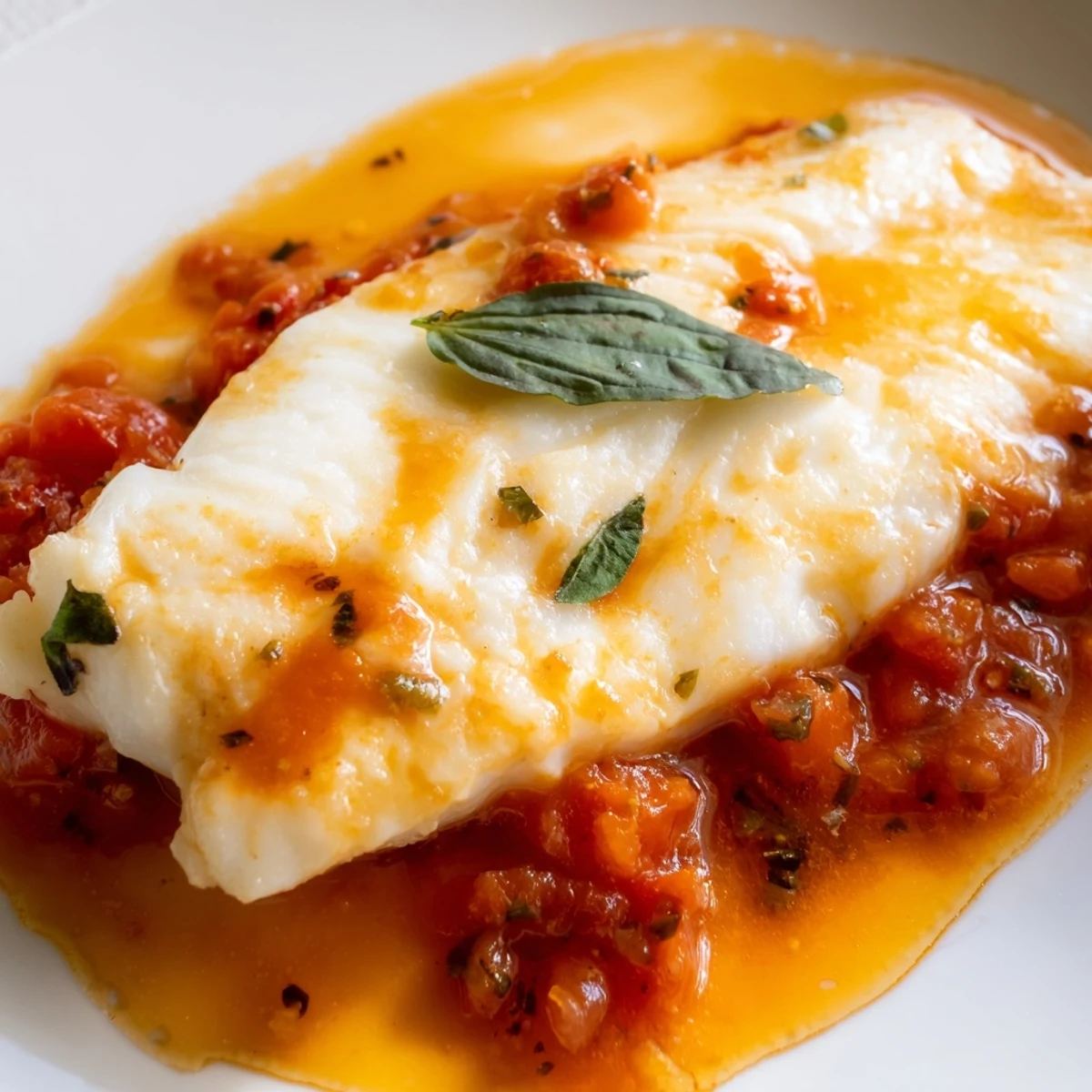 Golden halibut fillets poached in vibrant tomato-butter sauce with fresh basil garnish