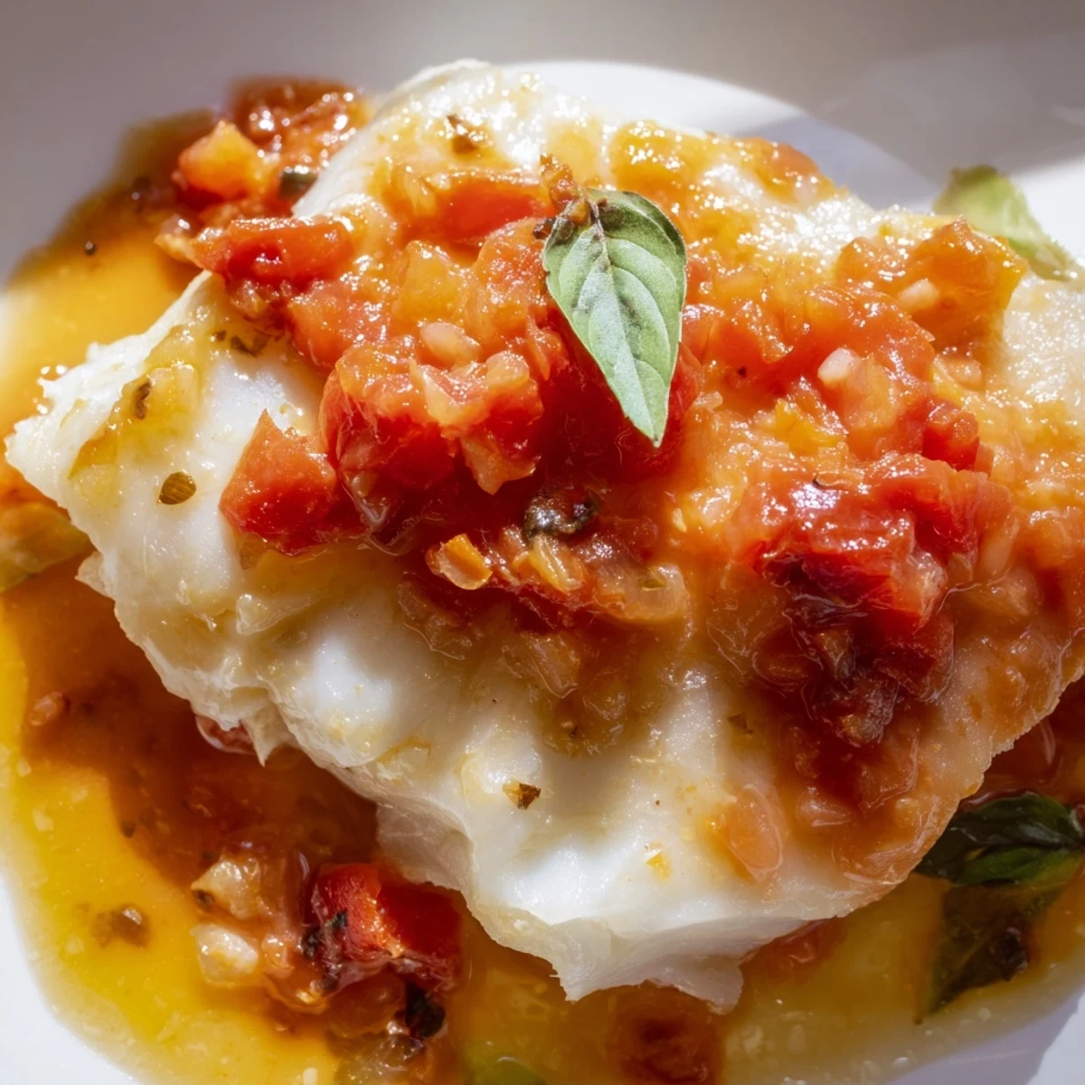 Flaky white halibut swimming in rich red tomato butter sauce after grill-poaching