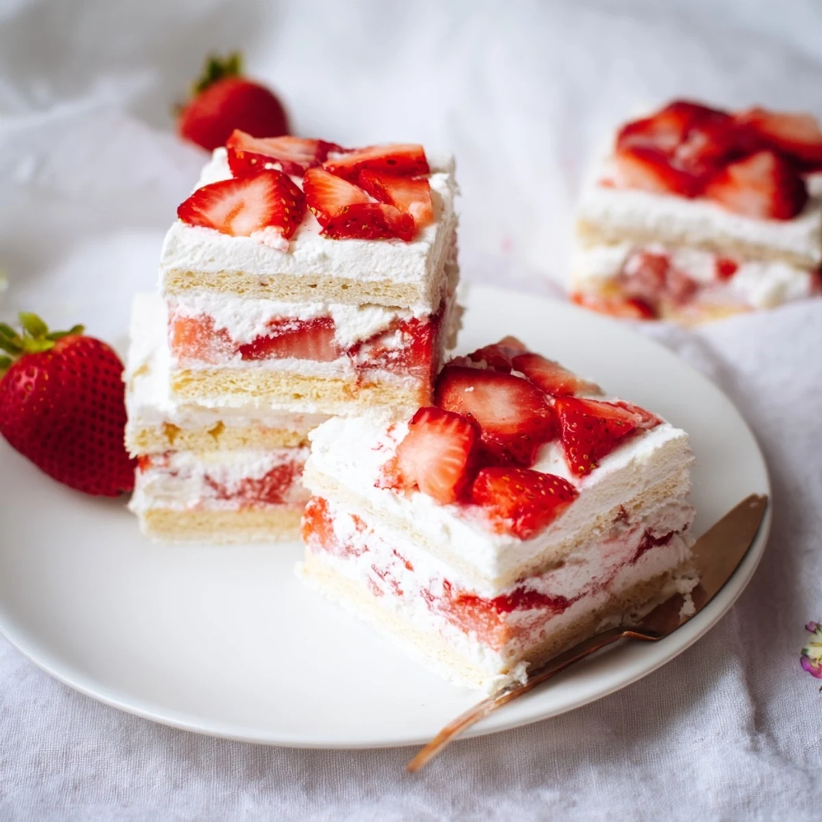 No bake strawberry shortcake dessert layered with whipped cream cheese filling and fresh macerated strawberries in a glass square dish.