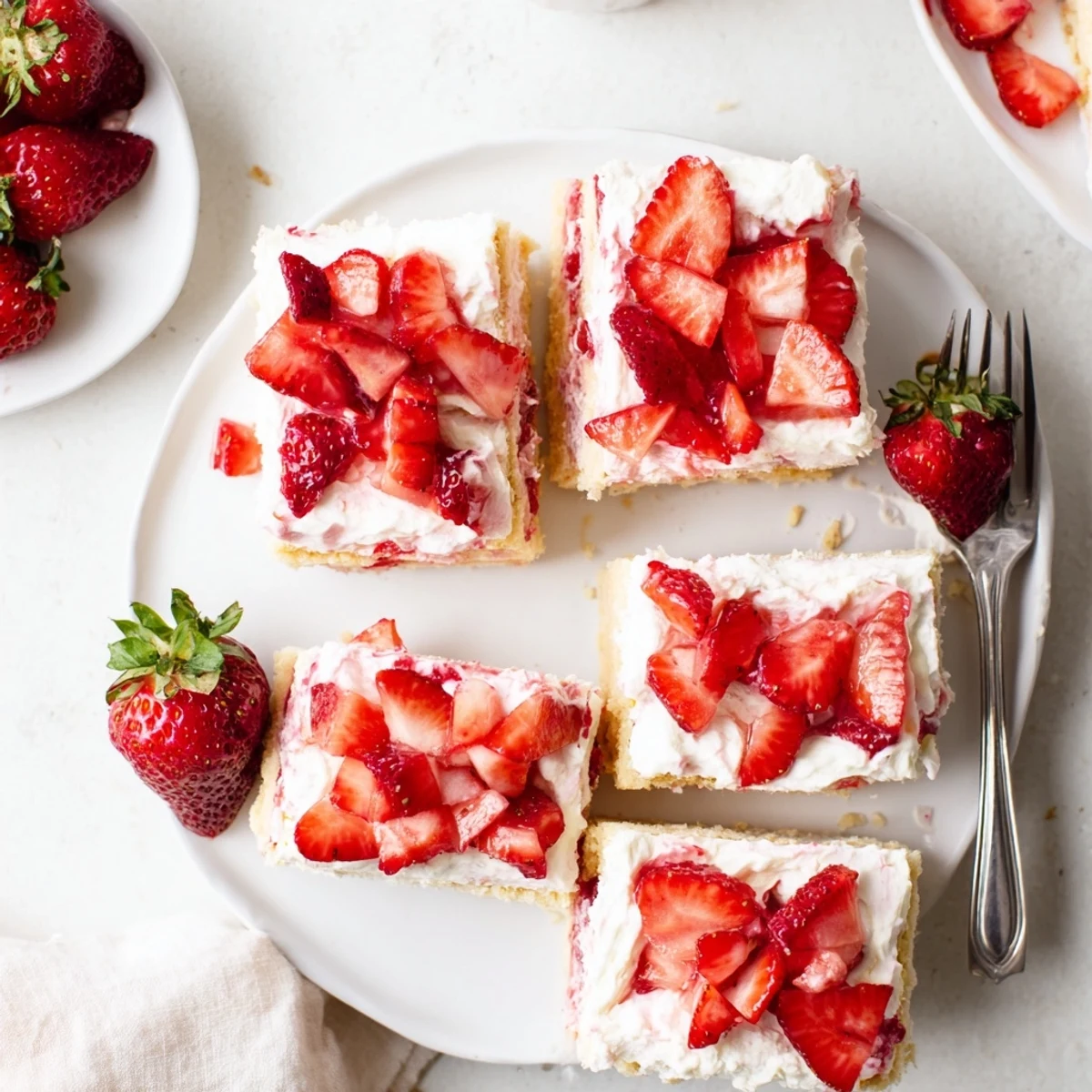 Creamy no bake strawberry shortcake dessert topped with juicy red strawberries and a dusting of powdered sugar on a white plate.