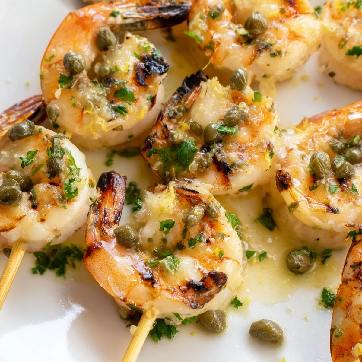 Golden grilled shrimp piccata skewers brushed with zesty butter sauce and fresh parsley