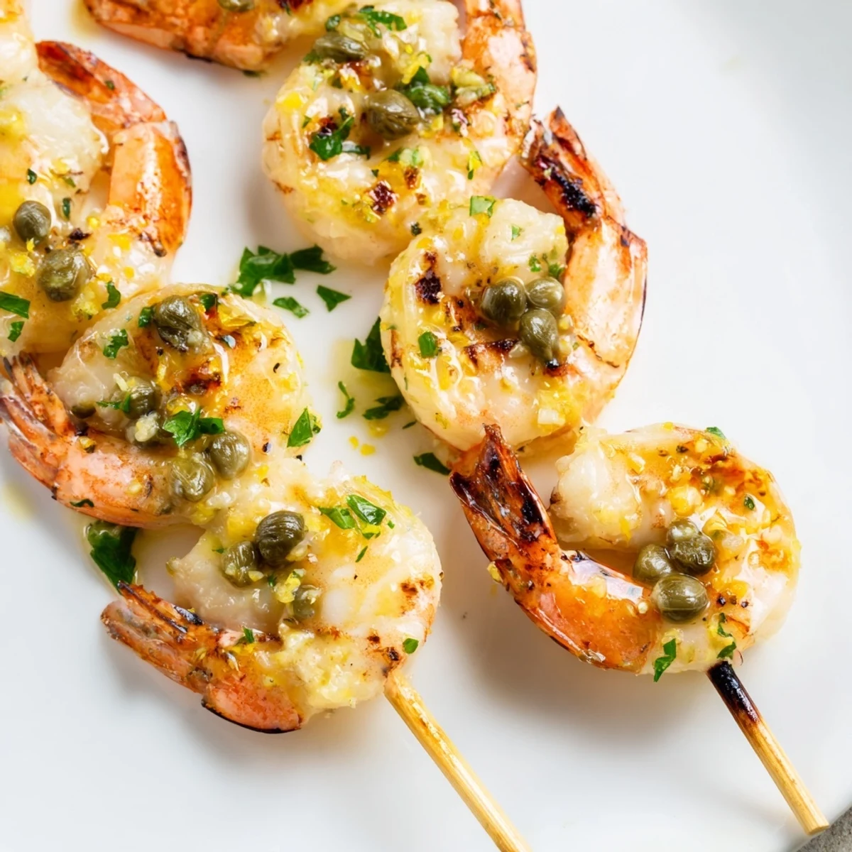 Juicy shrimp threaded on skewers grilled to charred perfection with lemon piccata glaze