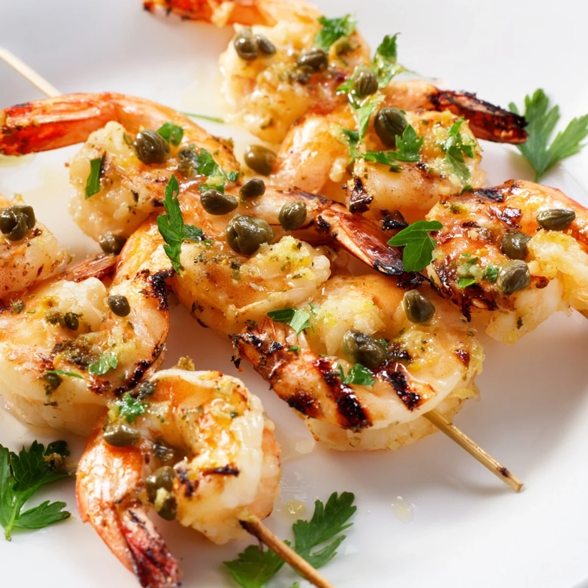 Platter of grilled shrimp piccata skewers drizzled with caper butter sauce and lemon wedges