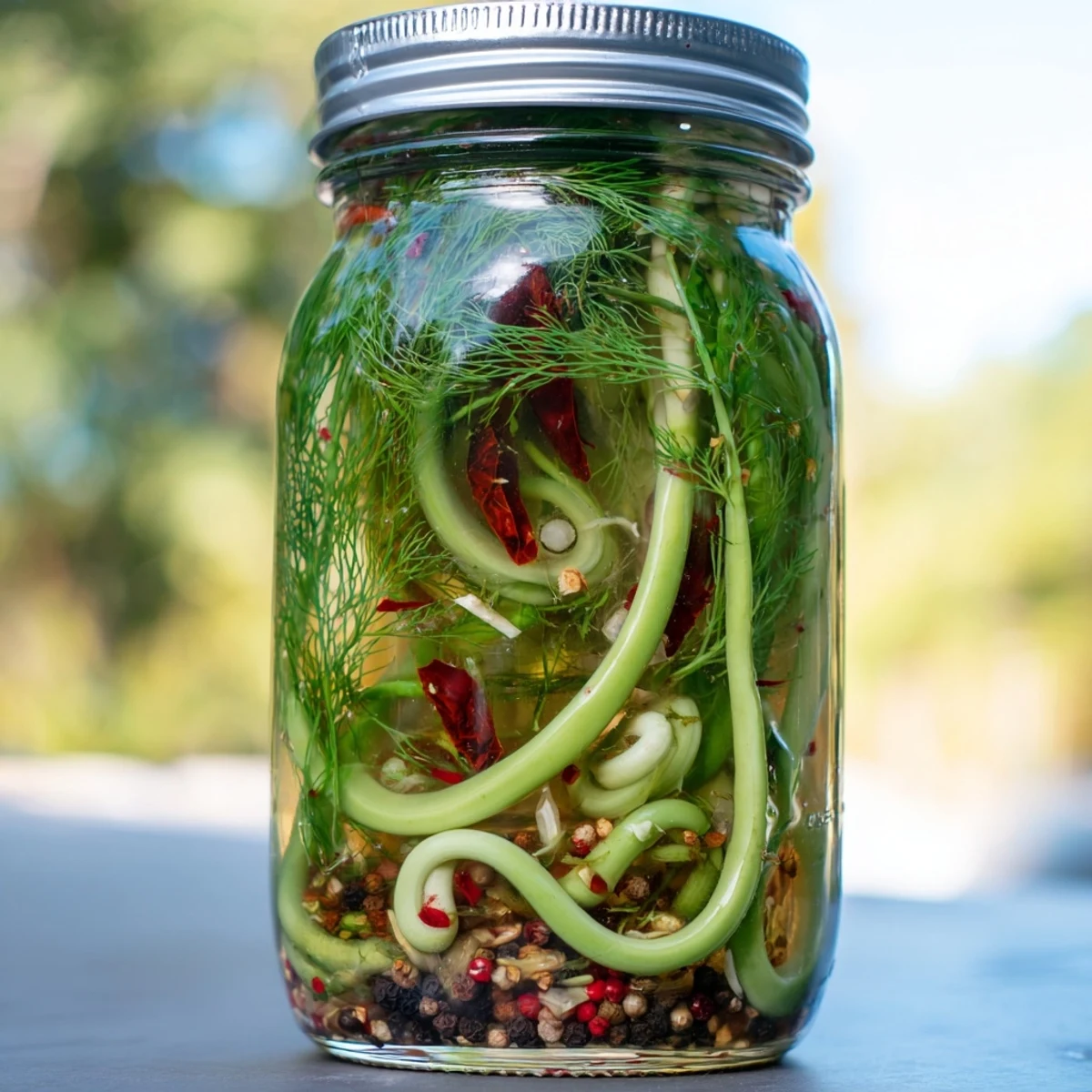 Glass jar filled with curly green spicy pickled garlic scapes submerged in vinegar brine