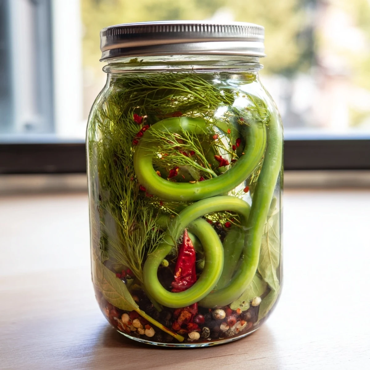 Mason jar displaying tangy pickled garlic scapes with red chili flakes and aromatic spices