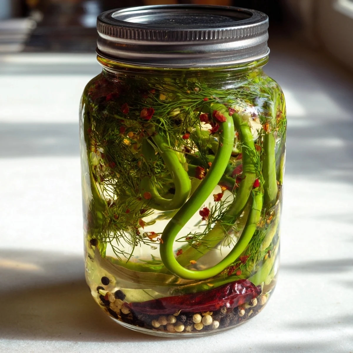 Homemade spicy pickled garlic scapes packed in clear jars with fresh dill and peppercorns