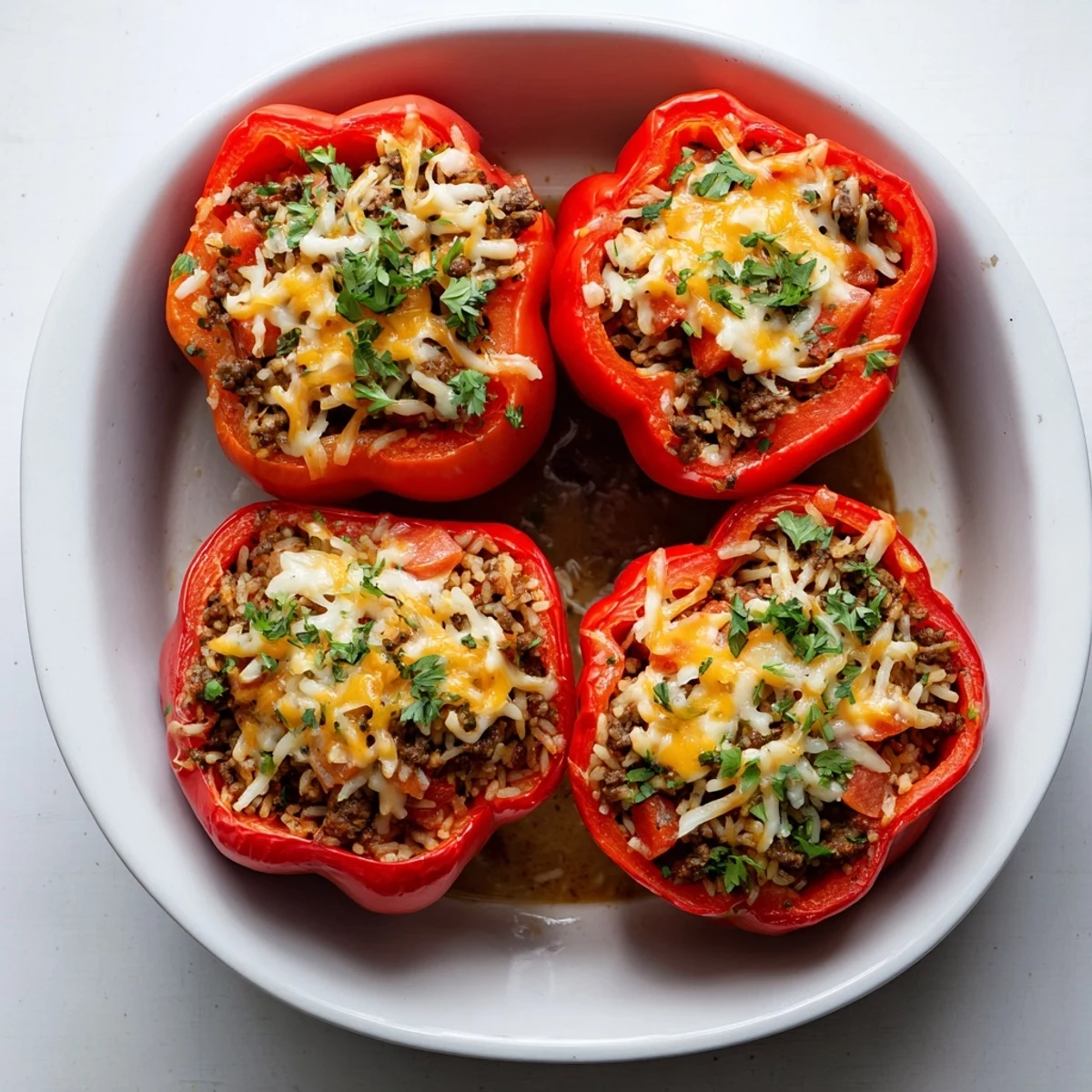 Golden melted cheese tops these kielbasa stuffed bell peppers with savory beef rice filling