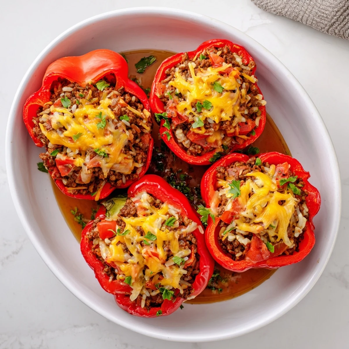 Freshly baked kielbasa stuffed bell peppers overflowing with cheesy ground beef and rice mixture