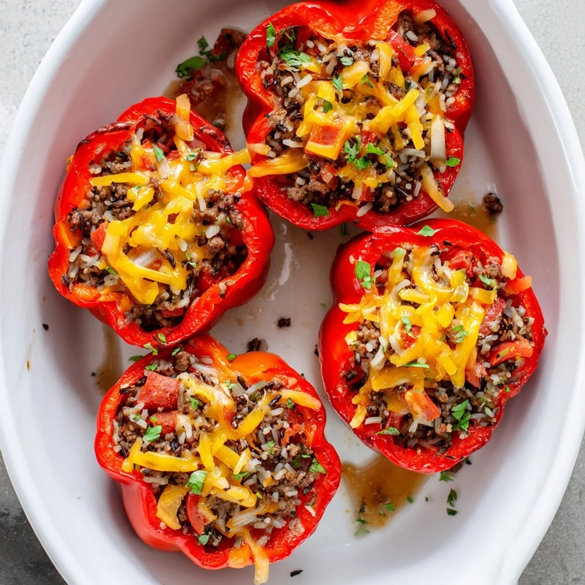 Tender roasted bell peppers filled with hearty kielbasa beef rice and melted cheddar cheese topping